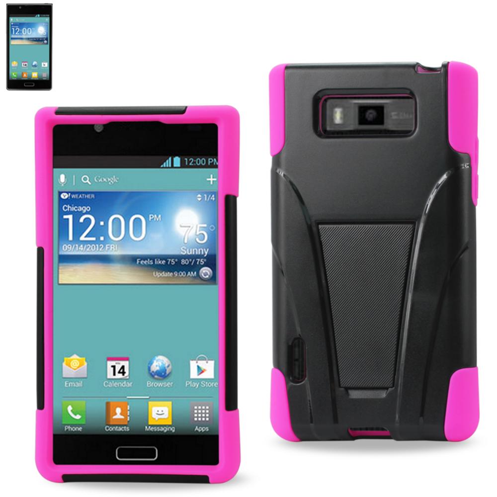 Reiko Lg Splendor Hybrid Heavy Duty Case With Kickstand In Black Hot Pink