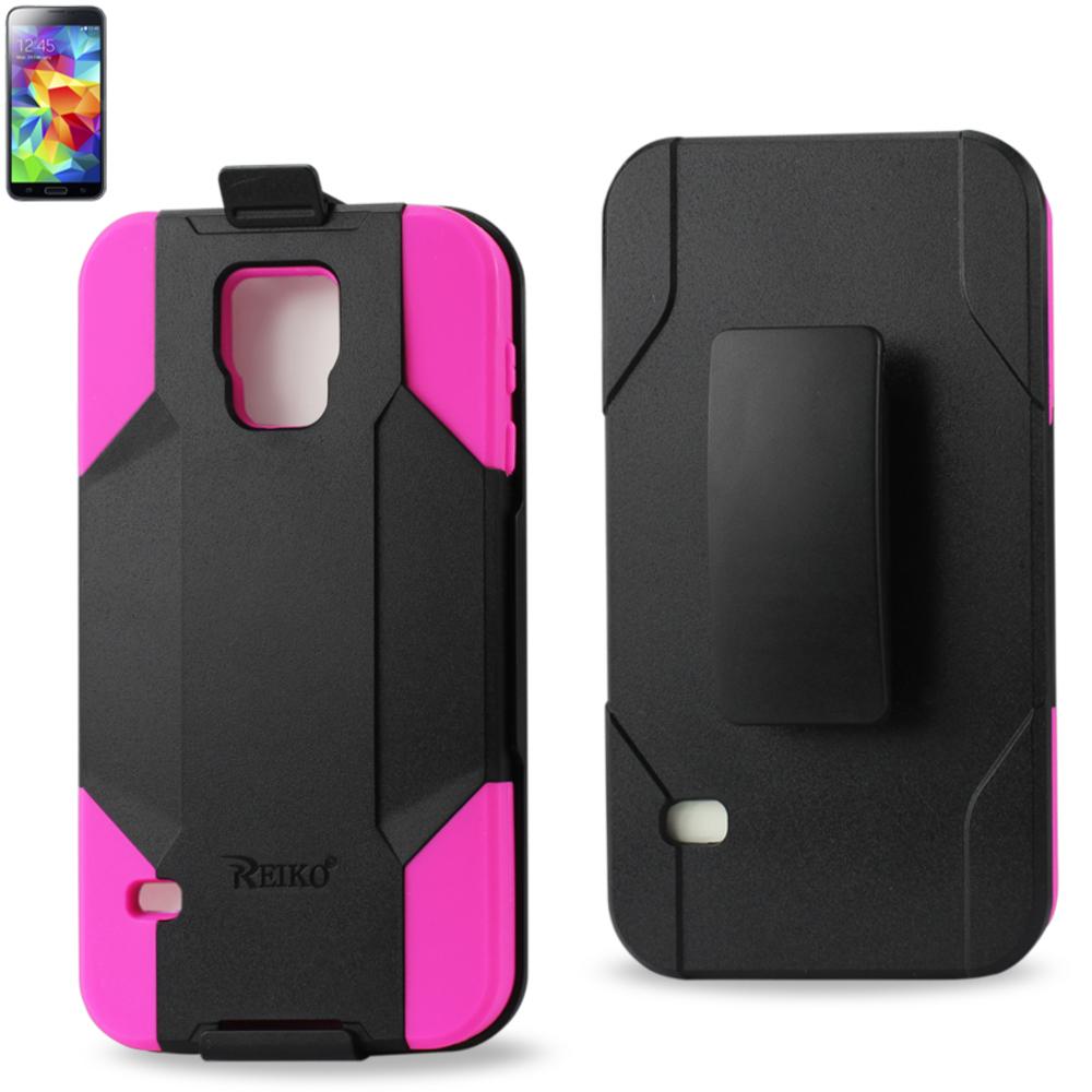 Reiko Samsung Galaxy S5 3-in-1 Hybrid Heavy Duty Holster Combo Case In Hot Pink Black