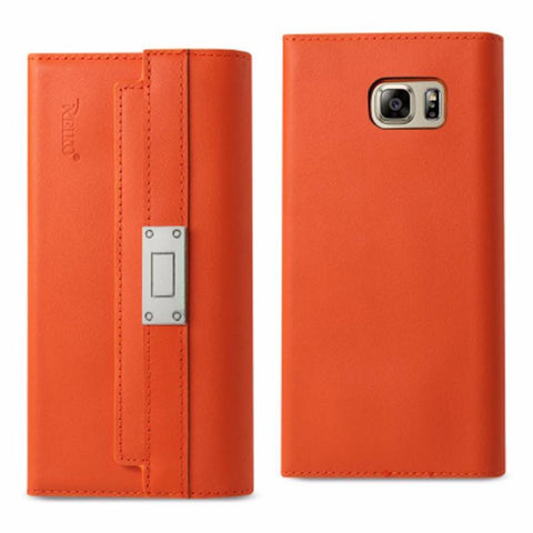 Reiko Samsung Galaxy Note 5 Genuine Leather Rfid Wallet Case And Metal Buckle Belt In Tangerine