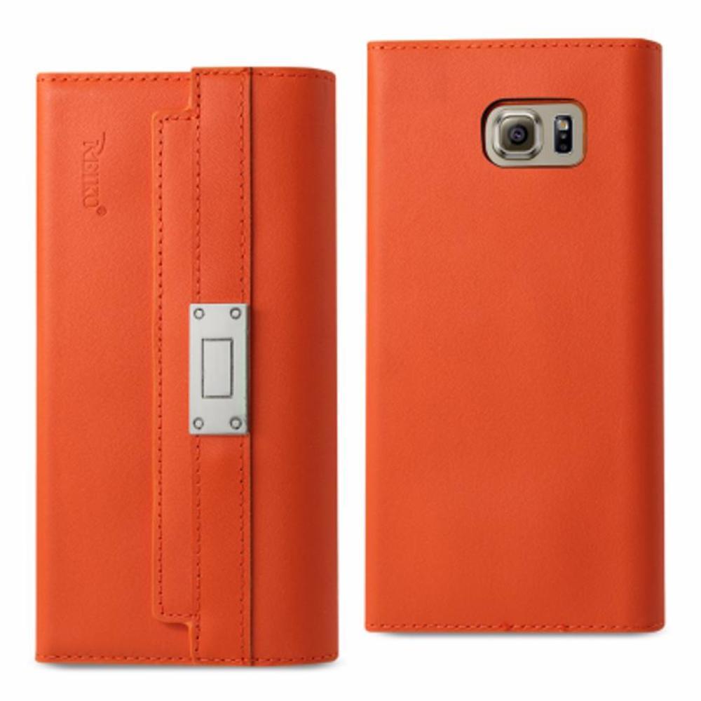 Reiko Samsung Galaxy S6 Genuine Leather Rfid Wallet Case And Metal Buckle Belt In Tangerine