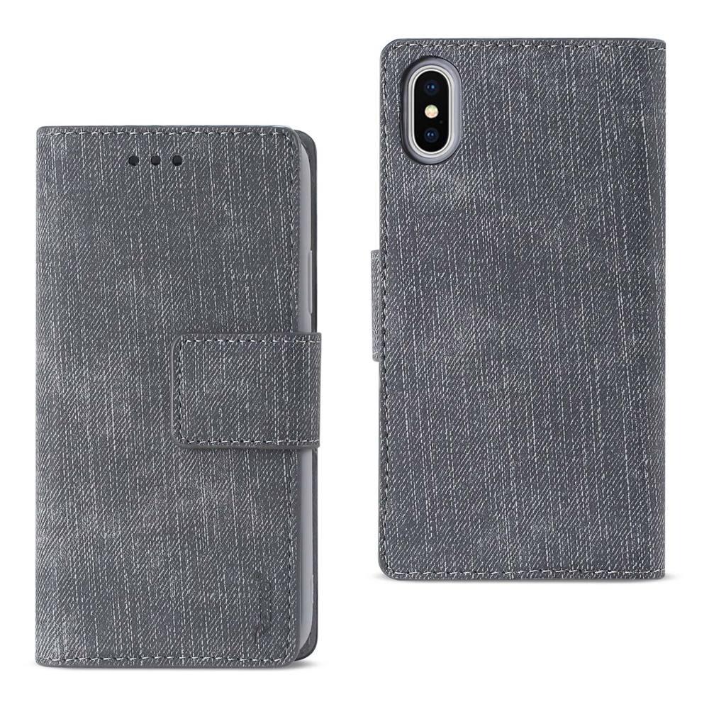 Reiko Iphone X/iphone Xs Denim Wallet Case With Gummy Inner Shell And Kickstand Function In Gray