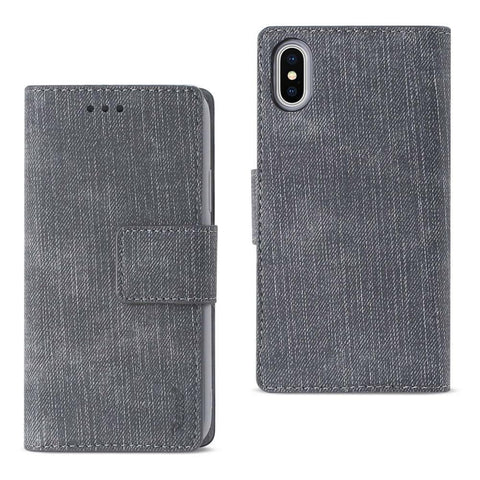 Reiko Iphone X/iphone Xs Denim Wallet Case With Gummy Inner Shell And Kickstand Function In Gray