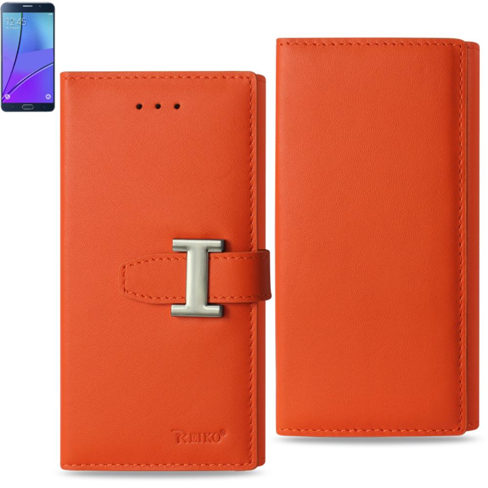 Reiko Samsung Galaxy Note 5 Plus Genuine Leather Rfid Wallet Case In Tangerine