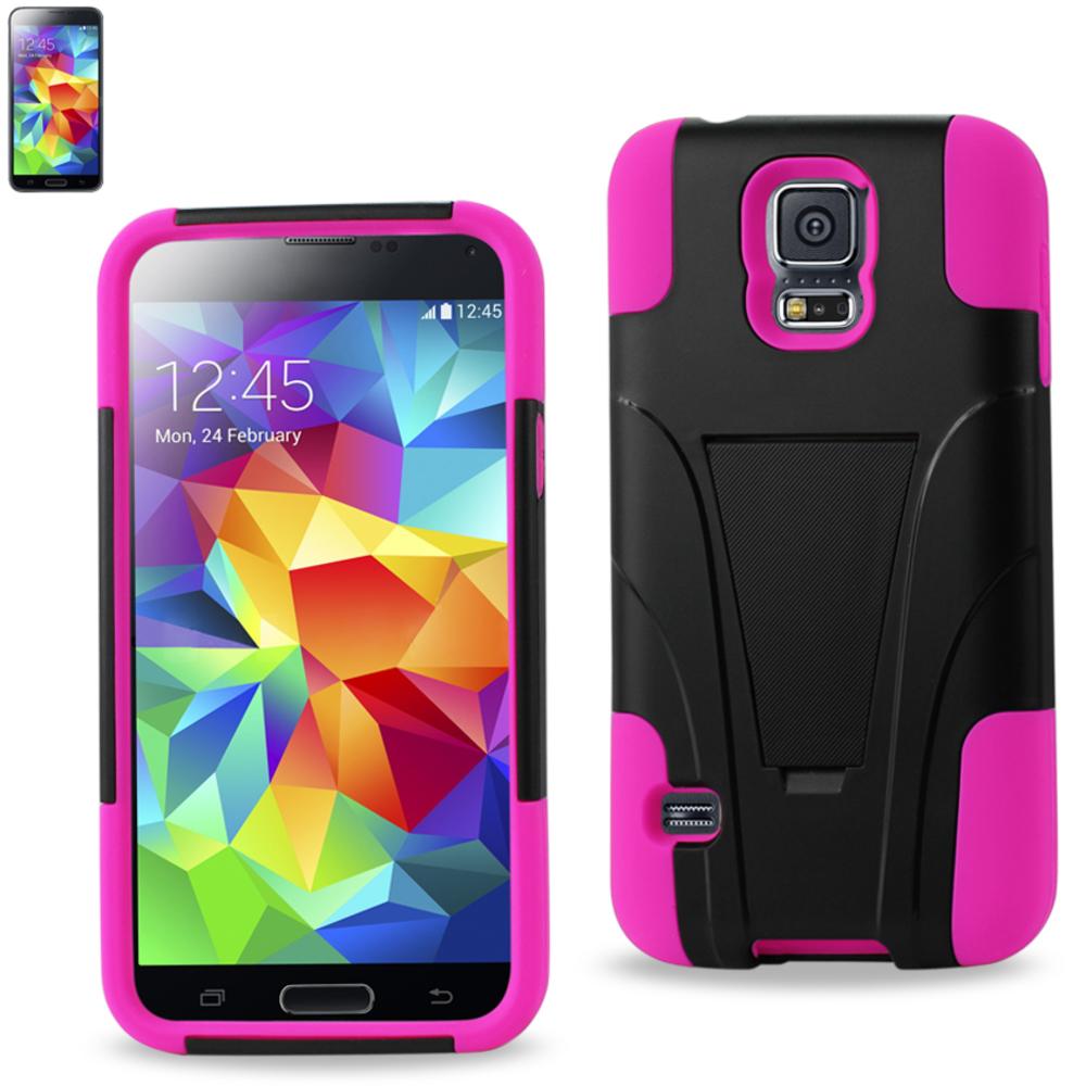 Reiko Samsung Galaxy S5 Hybrid Heavy Duty Case With Kickstand In Hot Pink Black