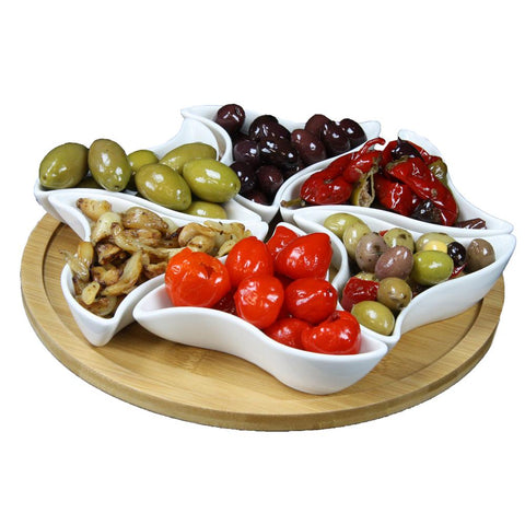 Elama Signature Modern 10.75 Inch 7-piece Lazy Susan Appetizer And Condiment Server Set  With 6 Unique Design Serving Dishes And A Bamboo Lazy Suzan Serving Tray