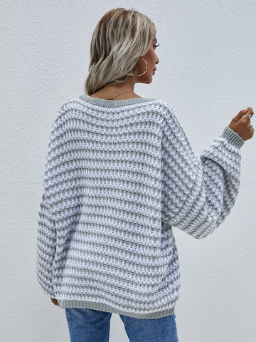 Striped Drop Shoulder V-Neck Pullover Sweater