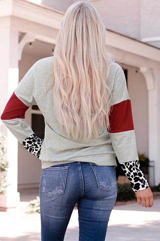 Leopard Color Block Drawstring Detail Sweatshirt