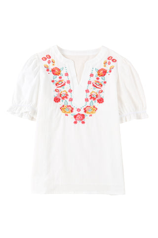 Embroidered Notched Neck Flounce Sleeve Top