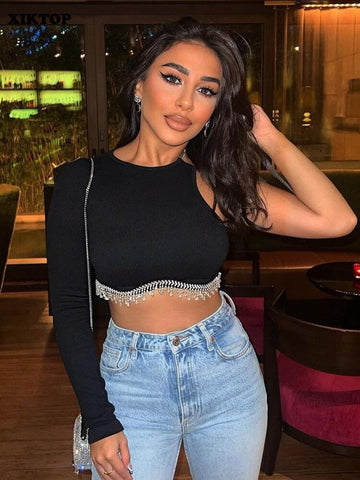 XIKTOP One-shoulder Chains Crop Top Women Autumn Sexy O-Neck Stretchy Y2K Clothes Solid All-Matching Slim Corset Top Streetwear