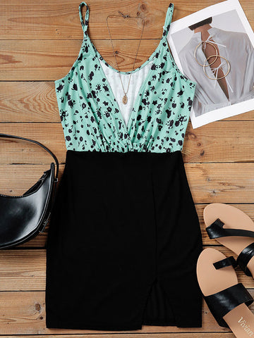 Women Sexy Deep V-Neck Contrast Patchwork Bodycon Dress Spaghetti Strap Ditsy Floral Slit Cami Dresses Sexy Wrap Sundress Summer
