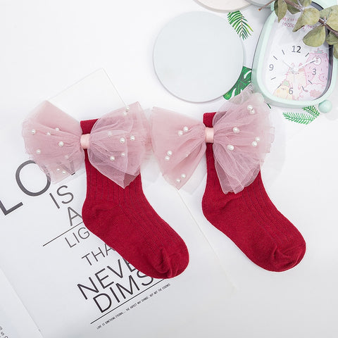 New Baby Girls Socks With Bows Toddlers Infants Cotton Ankle Socks Beading Baby Girls Princess Sock Cute Children Socks
