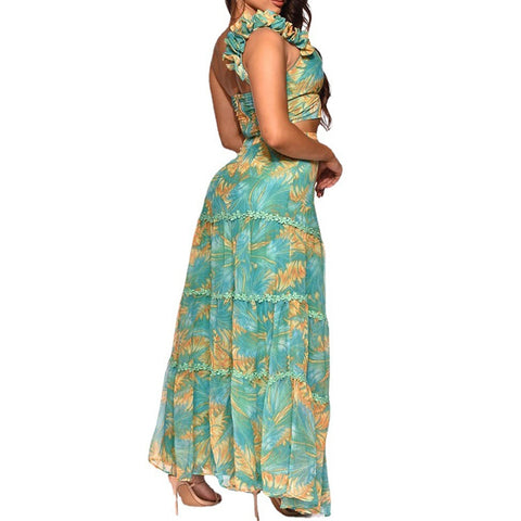 Summer New Women Sexy Slim Two Piece Set Off Shoulder Split Floral Print Crop Tops And Long Skirt Suit Lady Elegant 2 Piece Sets