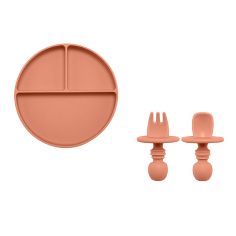 Fashion Solid Silicon Plate Set For Baby Kids Training Feeding Dinnerware Baby Learning Plate Set With Fork Spoon BPA Free