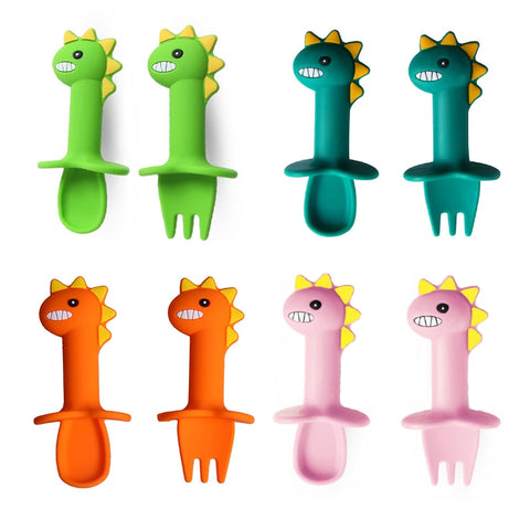 Baby Learning Spoon Fork Set Short Handle Easy Spoon Soft Silicone Utensils Teether Toy Feeding Cutlery Dinosaur Spoon Tableware