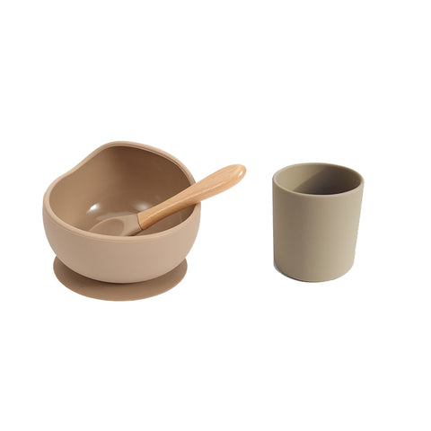 Baby Silicone Dinnerware Silicone Feeding Set Soft Cups BPA Free Wooden Spoon Kids Toddler Suction Bowl Food Grade Tableware