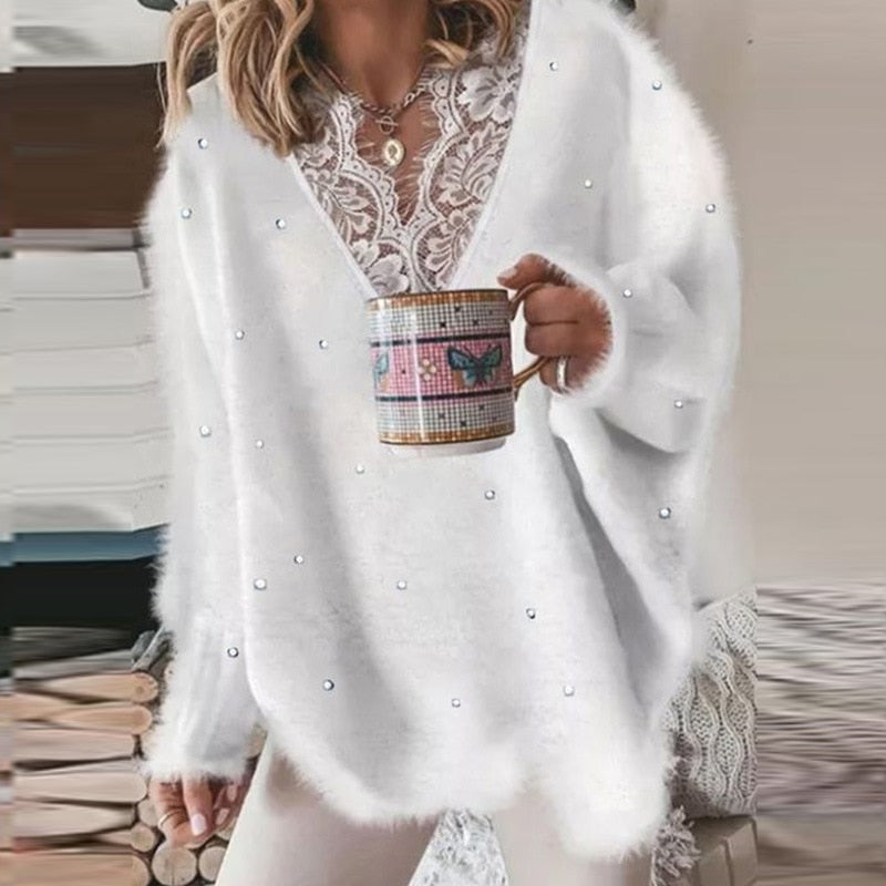 Knitting Women Sweater Sexy V-neck Lace Winter Keep Warm Blouse Fashion Beading Love Smiley Printed Autumn Ladies Loose Sweaters