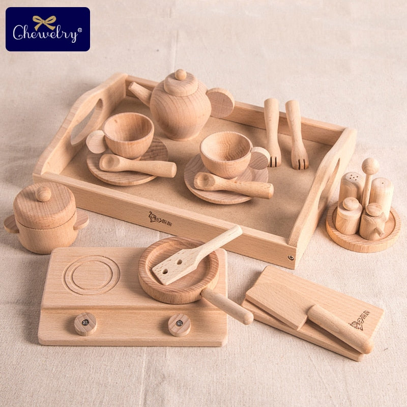 Wooden Kitchen Toys Beech Tea Pots Set Pretend Play Baby Toys For Kids Gift Wooden Cutlery Wooden Toddler Kitchen Kids Products