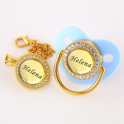 0-18 Months BPA Free Customized Any Name Personalized Golden Bling Pacifier And Clip Luxury Baby Pacifier For Baby Shower Gift