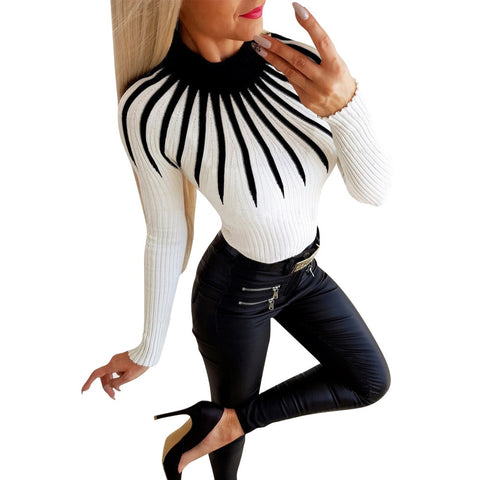 Fashion Bodycon Black White Women Pullover 2021 Autumn Winter Color Matching Knitting Female Turleneck Long Sleeve Sexy Sweater