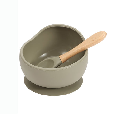Baby Silicone Feeding Dinnerware Wooden Spoon Suction Bowl Baby Plate Kids Toddler Assist Set BPA Free High Quality Silicone