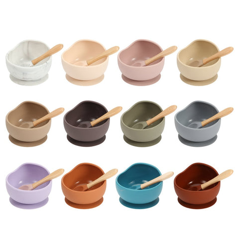 Baby Silicone Feeding Dinnerware Wooden Spoon Suction Bowl Baby Plate Kids Toddler Assist Set BPA Free High Quality Silicone