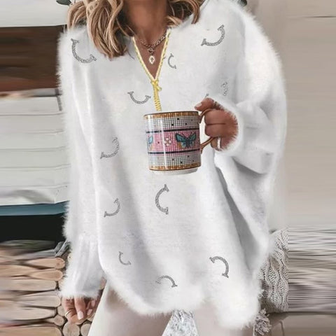 Knitting Women Sweater Sexy V-neck Lace Winter Keep Warm Blouse Fashion Beading Love Smiley Printed Autumn Ladies Loose Sweaters