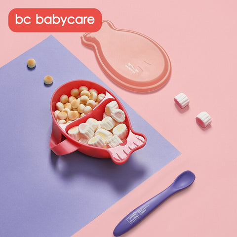 BC Babycare Baby Portable Divided Feeding Bowl with Matching Spoon Infant Toddles Food Lunch Box Double Slots Baby Feeding Bowl