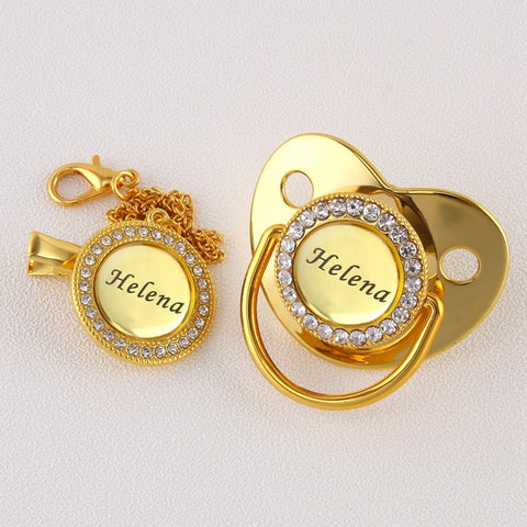 0-18 Months BPA Free Customized Any Name Personalized Golden Bling Pacifier And Clip Luxury Baby Pacifier For Baby Shower Gift