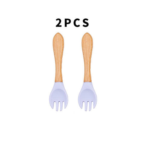 Baby Fork Spoon Silicone Wooden Feeding Spoon Soft Tip Fork BPA Free Food Grade Materia Bamboo Handle Toddlers Gifts