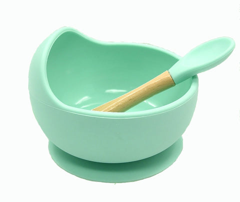 Baby Silicone Feeding Dinnerware Wooden Spoon Suction Bowl Baby Plate Kids Toddler Assist Set BPA Free High Quality Silicone