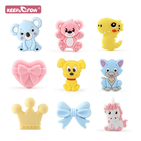 5pcs Silicone Animal Cartoon Baby Beads Teether Koala Cat Dog Bear For Pacifier Clips Beads Newborn Food grade Teething Products