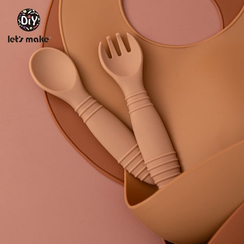 Let&#39;s Make Silicone Baby Feeding Set Waterproof Spoon Fork Non-Slip Feedings Tableware Baby Products Dinnerware For Kid BPA Free
