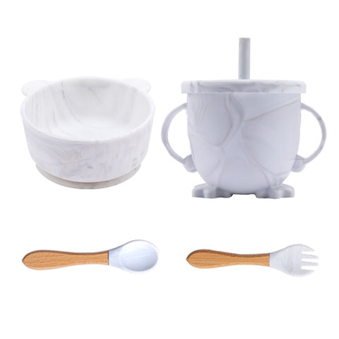 4Pcs/Set Silicone Baby Feeding Bowl Set Baby Learning Suction Bowl Cup Dinnerware Panda BPA Free Silicone Fork Spoon Dishes