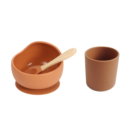 Baby Silicone Dinnerware Silicone Feeding Set Soft Cups BPA Free Wooden Spoon Kids Toddler Suction Bowl Food Grade Tableware