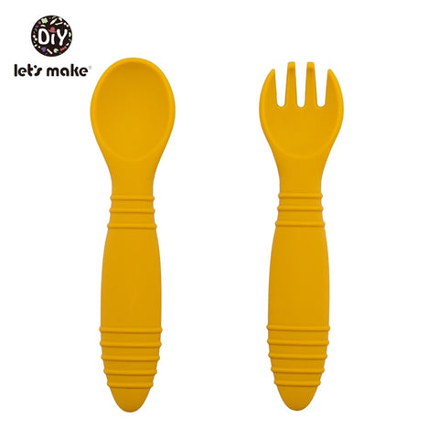 Let&#39;s Make Silicone Baby Feeding Set Waterproof Spoon Fork Non-Slip Feedings Tableware Baby Products Dinnerware For Kid BPA Free