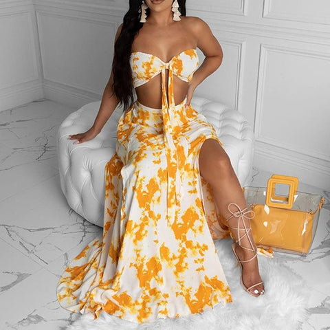 Summer New Women Sexy Slim Two Piece Set Off Shoulder Split Floral Print Crop Tops And Long Skirt Suit Lady Elegant 2 Piece Sets