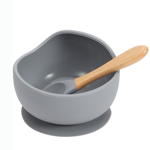 Baby Silicone Feeding Dinnerware Wooden Spoon Suction Bowl Baby Plate Kids Toddler Assist Set BPA Free High Quality Silicone