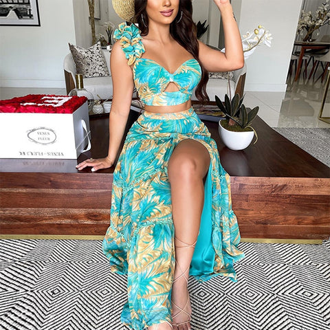 Summer New Women Sexy Slim Two Piece Set Off Shoulder Split Floral Print Crop Tops And Long Skirt Suit Lady Elegant 2 Piece Sets