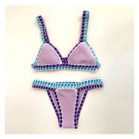 Women Sexy Bikinis Swimwear With Elastic Swimsuit Handmade Crochet Lilac Bikini Sets