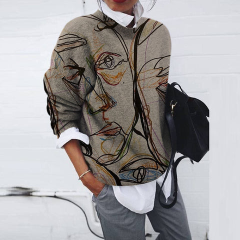 Vintage Print Loose Top Casual O Neck Long Sleeve Women Blouse 2021 Autumn Winter New Fashion Elegant Knitting Blouses Plus Size