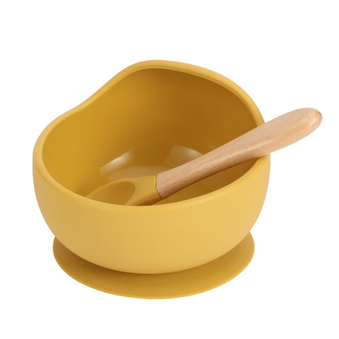 Baby Silicone Feeding Dinnerware Wooden Spoon Suction Bowl Baby Plate Kids Toddler Assist Set BPA Free High Quality Silicone