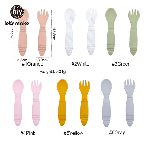 Let&#39;s Make Silicone Baby Feeding Set Waterproof Spoon Fork Non-Slip Feedings Tableware Baby Products Dinnerware For Kid BPA Free