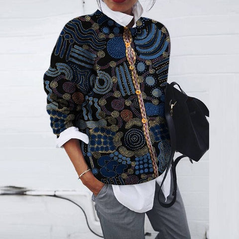 Women Autumn Winter Knitting Blouse Casual Turn-down Collar Buttons Elegant Floral Print Top Loose Streetwear Ladies Blouses 3XL