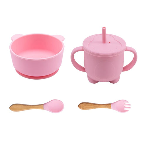 4Pcs/Set Silicone Baby Feeding Bowl Set Baby Learning Suction Bowl Cup Dinnerware Panda BPA Free Silicone Fork Spoon Dishes