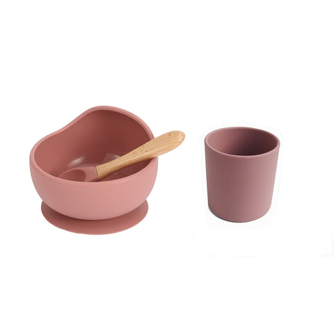 Baby Silicone Dinnerware Silicone Feeding Set Soft Cups BPA Free Wooden Spoon Kids Toddler Suction Bowl Food Grade Tableware