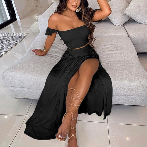 Summer New Women Sexy Slim Two Piece Set Off Shoulder Split Floral Print Crop Tops And Long Skirt Suit Lady Elegant 2 Piece Sets