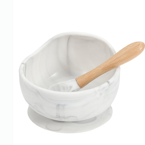 Baby Silicone Feeding Dinnerware Wooden Spoon Suction Bowl Baby Plate Kids Toddler Assist Set BPA Free High Quality Silicone