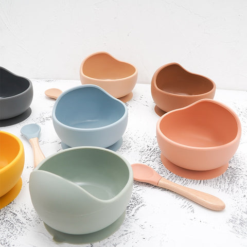 New Colors Feeding Set Food Grade Silicone Baby Bowl Set Non-silp Suction Bowl Spoon Kids Dinnerware BPA Free Tableware Dropship