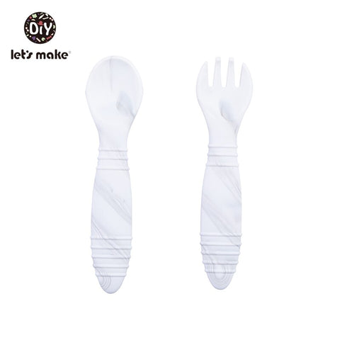 Let&#39;s Make Silicone Baby Feeding Set Waterproof Spoon Fork Non-Slip Feedings Tableware Baby Products Dinnerware For Kid BPA Free