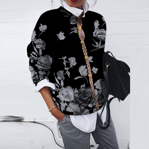 Women Autumn Winter Knitting Blouse Casual Turn-down Collar Buttons Elegant Floral Print Top Loose Streetwear Ladies Blouses 3XL